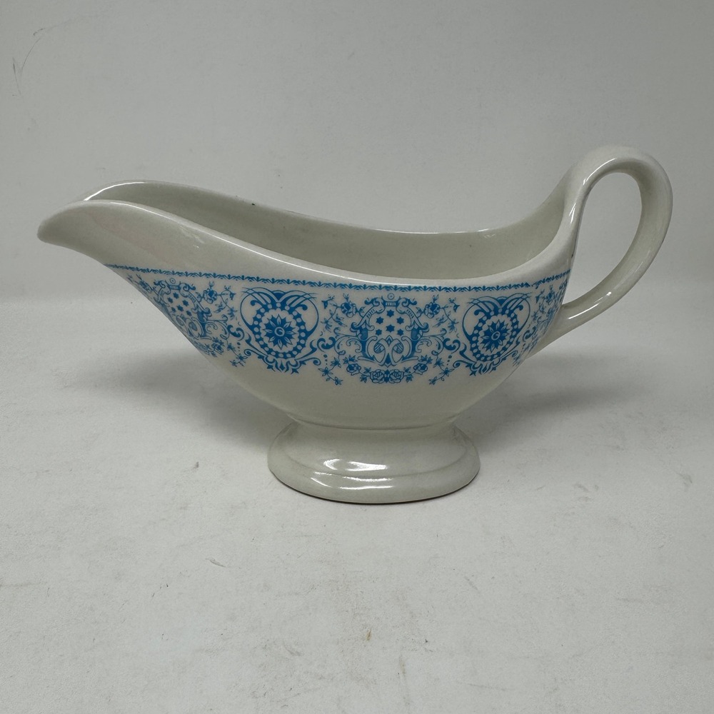Vtg Shenango China Gravy Boat Blue Filigree Crest Restaurant Ware Ironstone‎ MCM